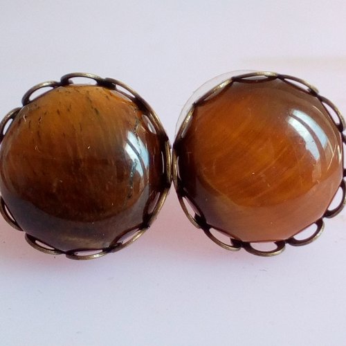 Oeil de tigre,clous oreilles laiton avec cabochons ronds, quartz pierre fine,fait mains en france,cadeau fete anniversaire noel, boho bobo