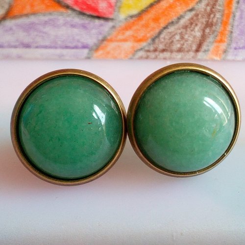 Aventurine,clous oreilles laiton avec cabochons,quartz pierre fine precieuse,fait en france,boucles oreilles percees,cadeau fete anniversair