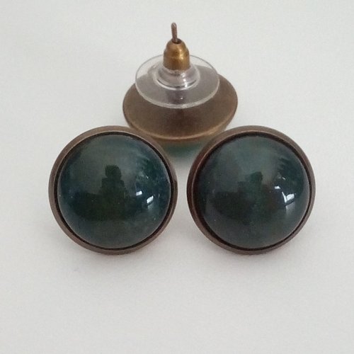 Clous boucles oreilles en laiton bronze avec cabochons ronds 14mm onyx inde vert pierre precieuse,et fermoirs poussoirs,cadeau fete