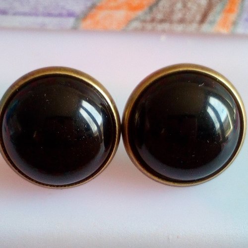 Onyx noir ,clous boucles oreilles en laiton bronze avec cabochons ronds 12mm pierre gemme precieuse,poussoirs,cadeau fete anniversaire noel