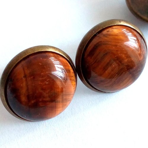 Oeil de tigre,clous oreilles laiton bronze avec cabochons ronds 14mm,quartz pierre fine precieuse,poussoirs,cadeau fete anniversaire noel