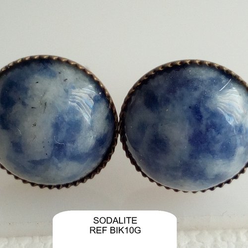 Clous d oreilles laiton bronze et cabochons ronds 10mm sodalite gemme pierre precieuse bleue,cadeau fete anniversaire noel,fait en france