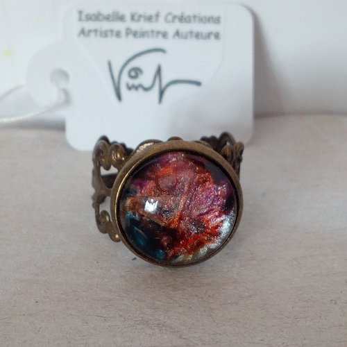 Bague laiton ajustable fleuri filigrane lys royal avec cabochon en verre rond peint par artiste,cadeau fete anniversaire noel