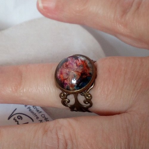 Bague laiton ajustable fleuri filigrane lys royal avec cabochon en verre rond peint par artiste,cadeau fete anniversaire noel