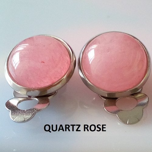 Quartz rose,clips oreilles non percees acier inoxydable avec cabochons ronds 10mm,pierre fine,fait mains en france,cadeau fete noel annivers
