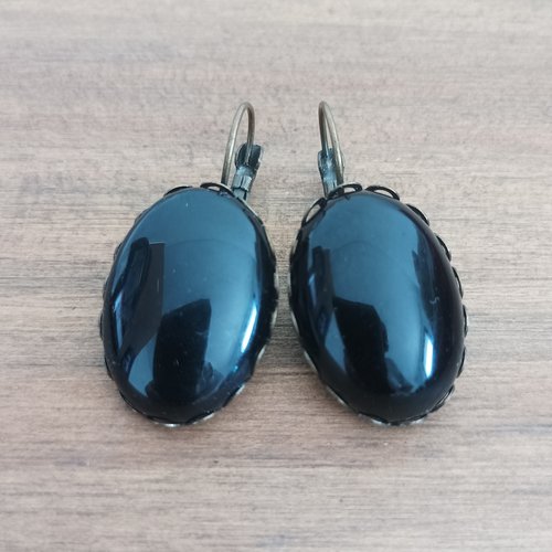Onyx noire,boucles oreilles laiton dormeuse avec cabochons ovals,pierre precieuse,cadeau fete anniversaire noel,fait mains en france