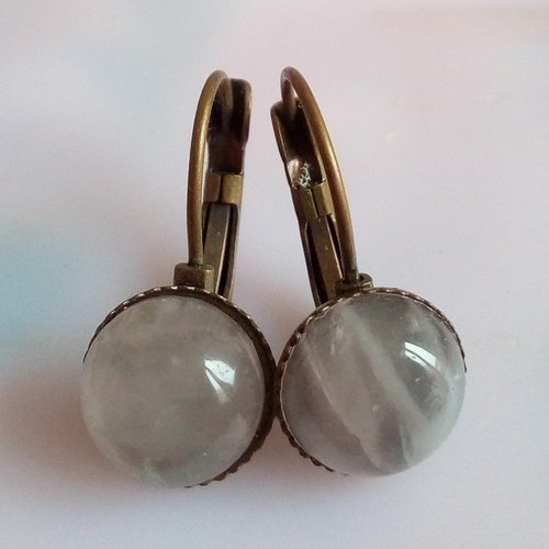 Quartz rose,boucles oreilles dormeuses bronze avec cabochons ronds,pierre precieuse,cadeau fete anniversaire noel,fait main en france