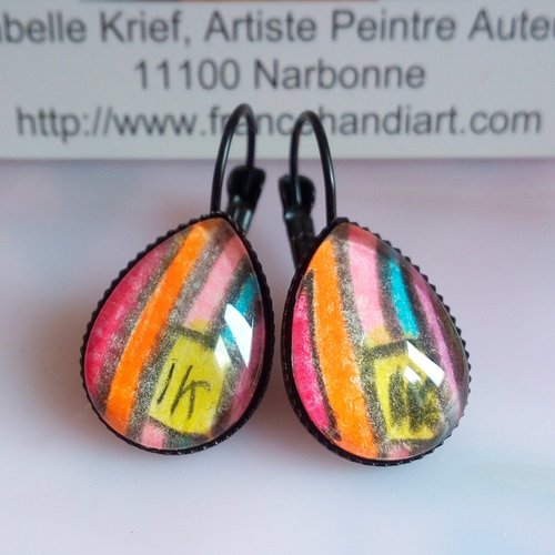Boucles oreilles dormeuses gouttes noir avec cabochons aquarelle rose orange bleu jaune violet,fete anniversaire noel