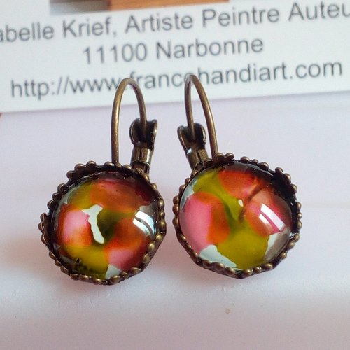 Peint artiste isabelle k,boucles oreilles dormeuses laiton bronze avec cabochons ronds rose orange vert blanc,cadeau fete anniversaire noel