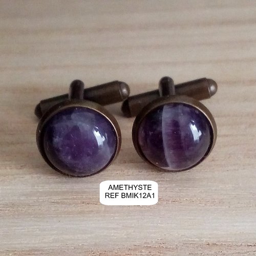 Amethyste,boutons manchette bronze,pierre fine semi precieuse,violet,accessoire bijou homme,costume,cadeau fete boho bobo,fait mains france