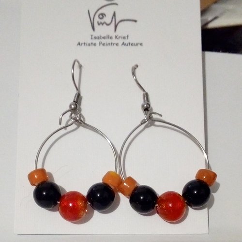 Creoles en acier avec perles rondes onyx pierre semi precieuse et perles de verre,rouge orange noir orange,cadeau fete anniversaire noel