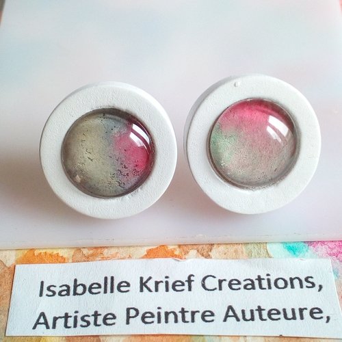 Clous oreilles en bois blanc avec cabochons verre ronds aquarelle gris rose,cadeau fete anniversaire noel,fait mains en france