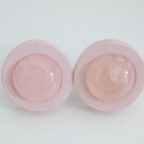 Quartz rose clous oreilles en bois avec tige et poussoir acier et cabochons ronds 12mm pierre fine precieuse,cadeau fete anniversaire noel