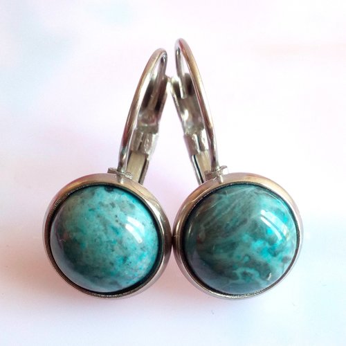 Onyx bleue,boucles oreilles dormeuses argente rhodie avec cabochons ronds,pierre precieuse,cadeau fete noel anniversaire,boho bobo