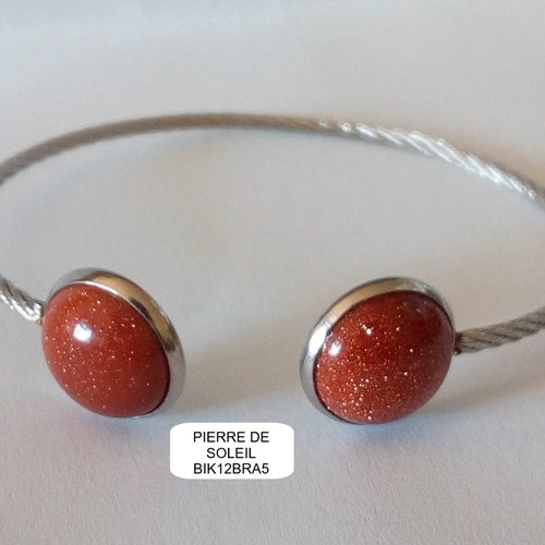 Bracelet jonc acier 316l avec 2 cabochons ronds 12mm pierre de soleil,fait mains en france,fete anniversaire noel