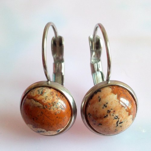 Jaspe paysage,boucles oreilles dormeuses argente rhodie avec cabochons ronds,pierre precieuse,cadeau fete noel anniversaire,boho bobo