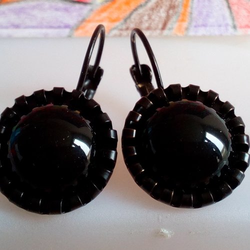 Onyx noire,boucles oreilles dormeuses laiton avec cabochons ronds 12mm,pierre precieuse,fait mains en france,cadeau fete anniversaire