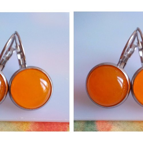 Quartz orange,dormeuses rhodiées,oreilles percées,cabochon rond 12mm,pierre fine precieuse,cadeau bobo boho gothique,fait mains en france