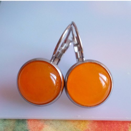 Quartz orange,dormeuses rhodiées,oreilles percées,cabochon rond 12mm,pierre fine precieuse,cadeau bobo boho gothique,fait mains en france