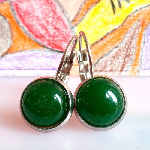 Aventurine verte, boucles oreilles dormeuses argente rhodie avec cabochons ronds,quartz pierre fine,fait mains en france,cadeau fete noel