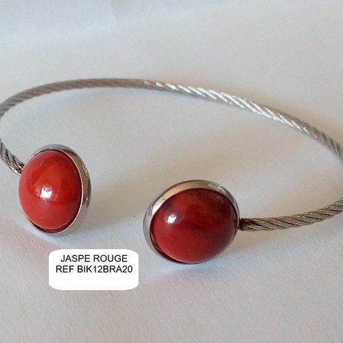Jaspe rouge, bracelet jonc en acier 316l avec 2 cabochons ronds,pierre precieuse,fait mains en france,cadeau fete anniversaire noel