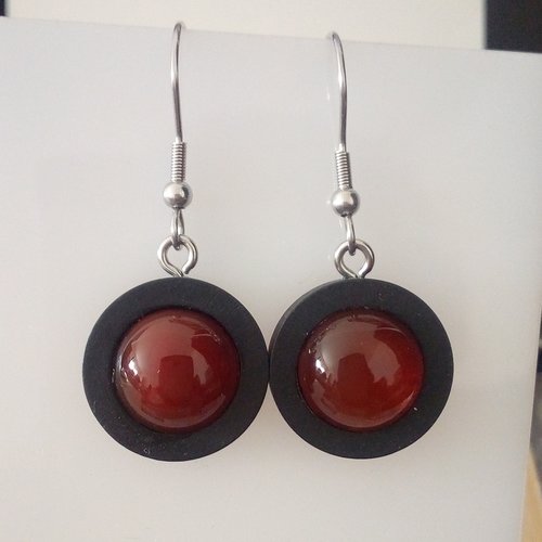 Cornaline,boucles oreilles bois noir,cabochons ronds 12mm,pierre fine precieuse,fermoirs crochets acier,fait mains en france,cadeau fete