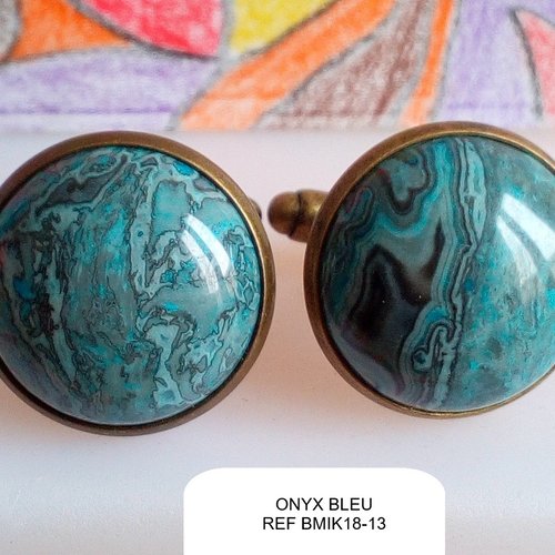 Boutons manchette laiton avec cabochons ronds,onyx bleu,gemme pierre precieuse,cadeau fete anniversaire noel,accessoire costume cravate
