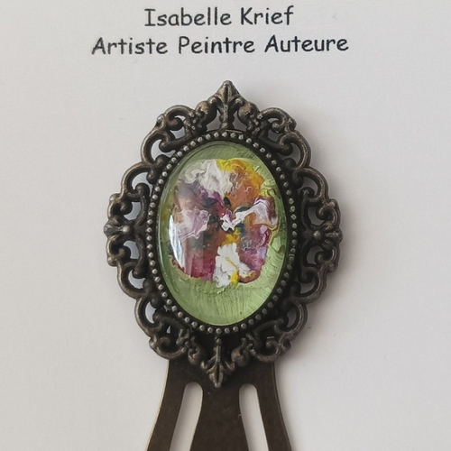 Marque page bronze,cabochon verre ovale,accessoire livre cd,peinture art abstrait contemporain,fleurs arabesques art nouveau