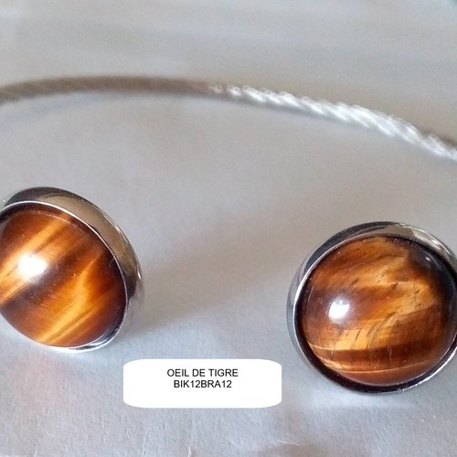 Oeil de tigre, bracelet flexible en acier avec 2 cabochons ronds,quartz pierre fine,fait mains en france,cadeau fete anniversaire noel