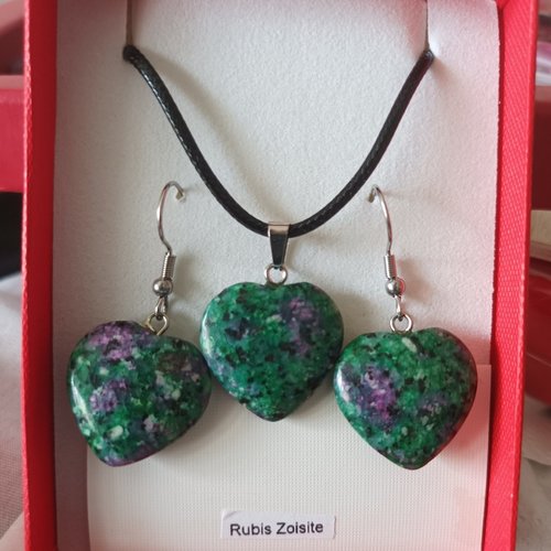 Parure coeurs rubis zoisite,pendentifs pierre precieuse rose vert et boucles d'oreilles crochets acier chirurgical,cadeau fete noel