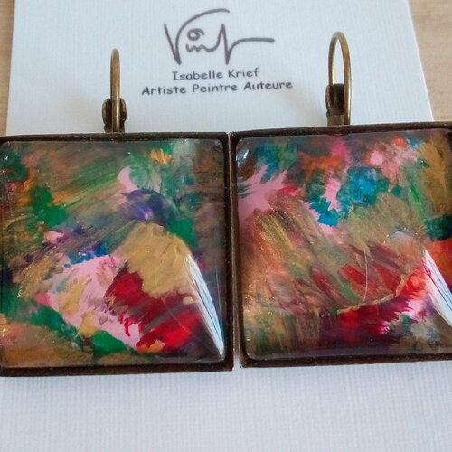 Boucles d'oreilles dormeuses avec cabochons en verre carré, peinture art abstrait,cadeau fete anniversaire noel