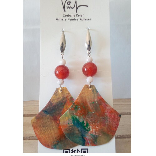 Boucles oreilles pendantes,pierre naturelle cornaline et quartz rose avec pendentifs peints,cadeau fete anniversaire,fait mains en france