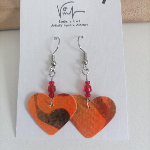 Boucles oreilles coeurs halloween,bijou peinture acrylique orange noir or,perles verre rouge,crochets acier,cadeau fetes noel anniversaire