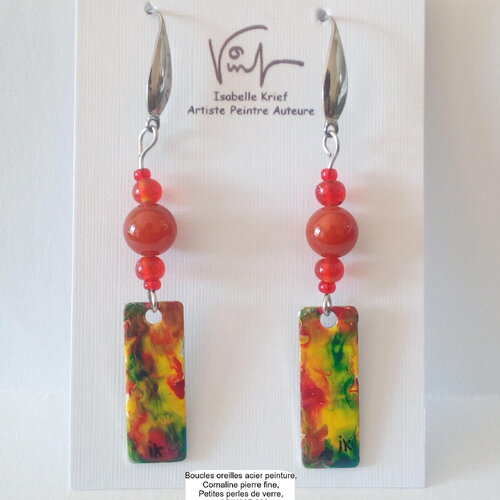 Boucles oreilles pendantes cornaline et acier, peinture art contemporain,fait mains en france,cadeau fete anniversaire noel