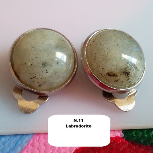 Clips oreilles labradorite, pierre precieuse cabochons ronds,acier inoxydable,fait mains en france,cadeau fete noel anniversaire