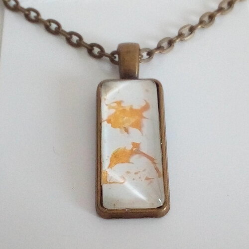 Verre peint par artiste,pendentif laiton rectangulaire or et blanc avec chaine forcat bronze,cadeau fete anniversaire noel,bijou boho bobo