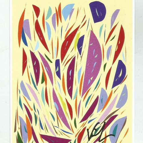 Carte postale, impression peinture art contemporain,abstrait geometrique colore, jaune rouge orange rose, bleu violet marron vert