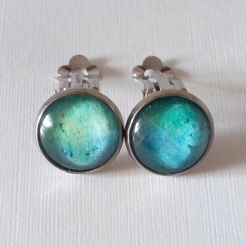 Clips aquarelle, boucles oreilles , cabochons en verre ronds,bleu vert,cadeau fete anniversaire noel,fait mains en france,boho bobo gothique