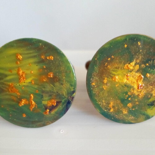 Boutons de manchettes laiton rond, peinture vert et or,accessoire costume ceremonie,cadeau pour lui,fete anniversaire noel,saint valentin