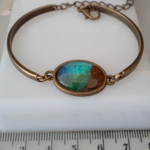 Bracelet laiton bronze avec cabochon ovale en verre, bleu marron, bijou peint à la main,cadeau femme homme unisex