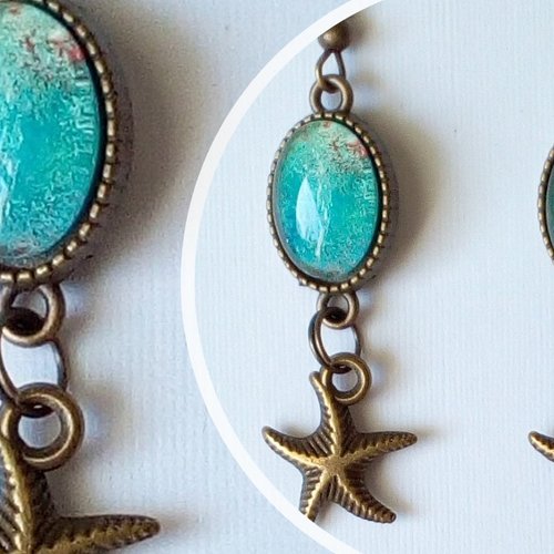 Aquarelle originale, boucles oreilles étoiles avec pendentifs cabochons bleu,cadeau fete anniversaire noel, fait mains en france,boho bobo