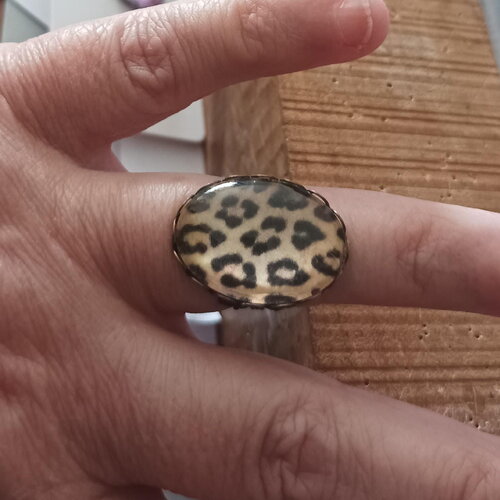Bague imprime leopard,anneau laiton ,art nouveau fleuri filigrane,cabochon oval verre,fait mains en france,cadeau fete anniversaire