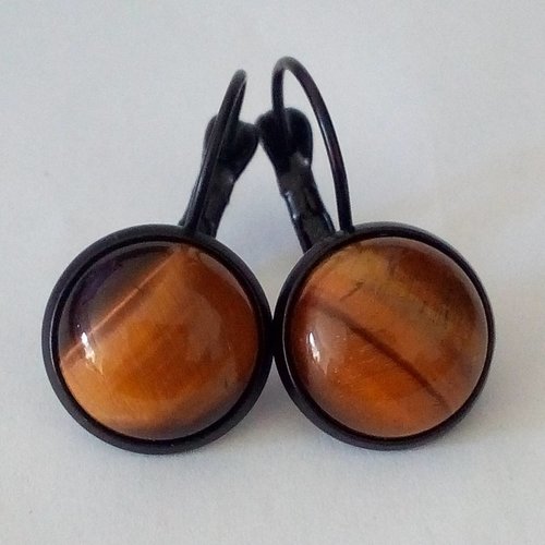 Oeil de tigre, dormeuses boucles oreilles pierre fine marron or, cabochons ronds,fait mains en france,cadeau gémeaux lion viergelion