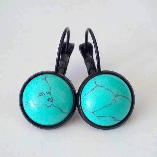 Turquoise, dormeuses boucles oreilles pierre bleue, laiton noir avec cabochons ronds,fait mains en france,cadeau fete noel anniversaire