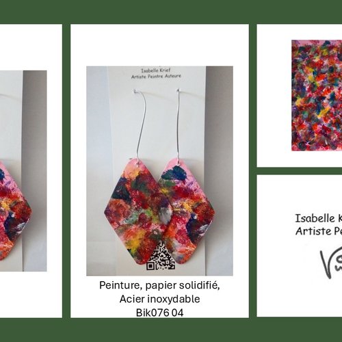 Boucles oreilles pendantes colorées, crochets acier inoxydable, pendentifs losange, bijou peint a la main
