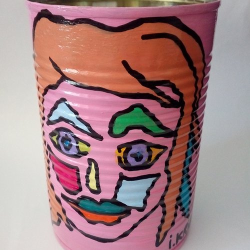 Vide poche, pot a crayons, peinture originale, mini tableau pop art colore, boite de conserve recyclee, rose rouge orange bleu vert violet