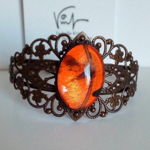 Bracelet jonc laiton,filligrane cabochon oval en verre peinture originale orange noir or,bijou peint a la main,cadeau fete anniversaire noel