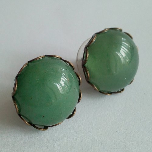 Aventurine,clous oreilles pierre fine quartz vert,cabochons ronds,cadeau fete anniversaire,fait mains en france,boucles oreilles percees,cad