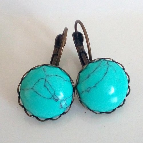 Turquoise,dormeuses boucles oreilles laiton bronze, pierre semi precieuse,cabochons ronds,cadeau fete anniversaire,fait mains en france