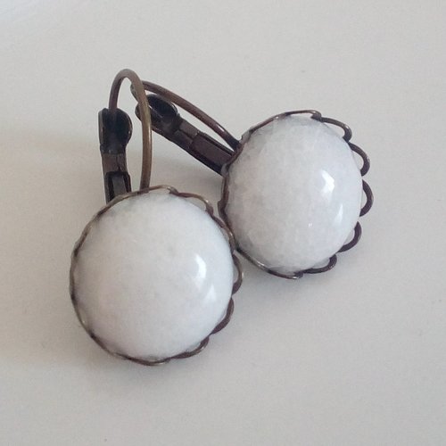 Quartz blanc,dormeuses boucles oreilles laiton bronze, pierre fine,cabochons ronds,cadeau fete anniversaire,fait mains en france